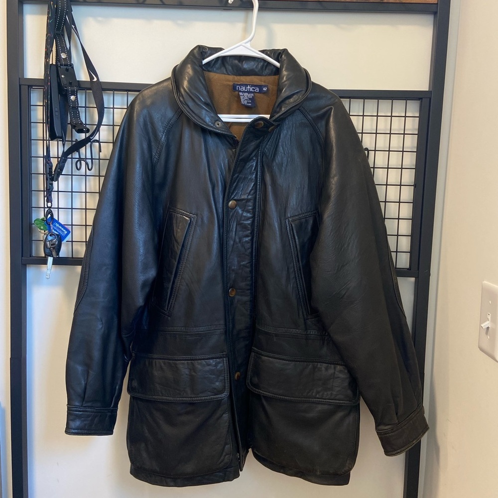 RARE Vintage Nautica genuine‎ leather men’s black button pocket zip jacket coat